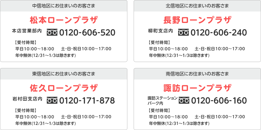 松本ローンプラザ・長野ローンプラザ・茅野ローンプラザ・佐久ローンプラザ